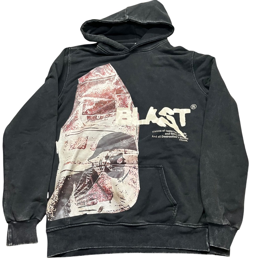 Blast Graphic Hoodie Mens Washed Black Streetwear Pullover Sweatshirt L